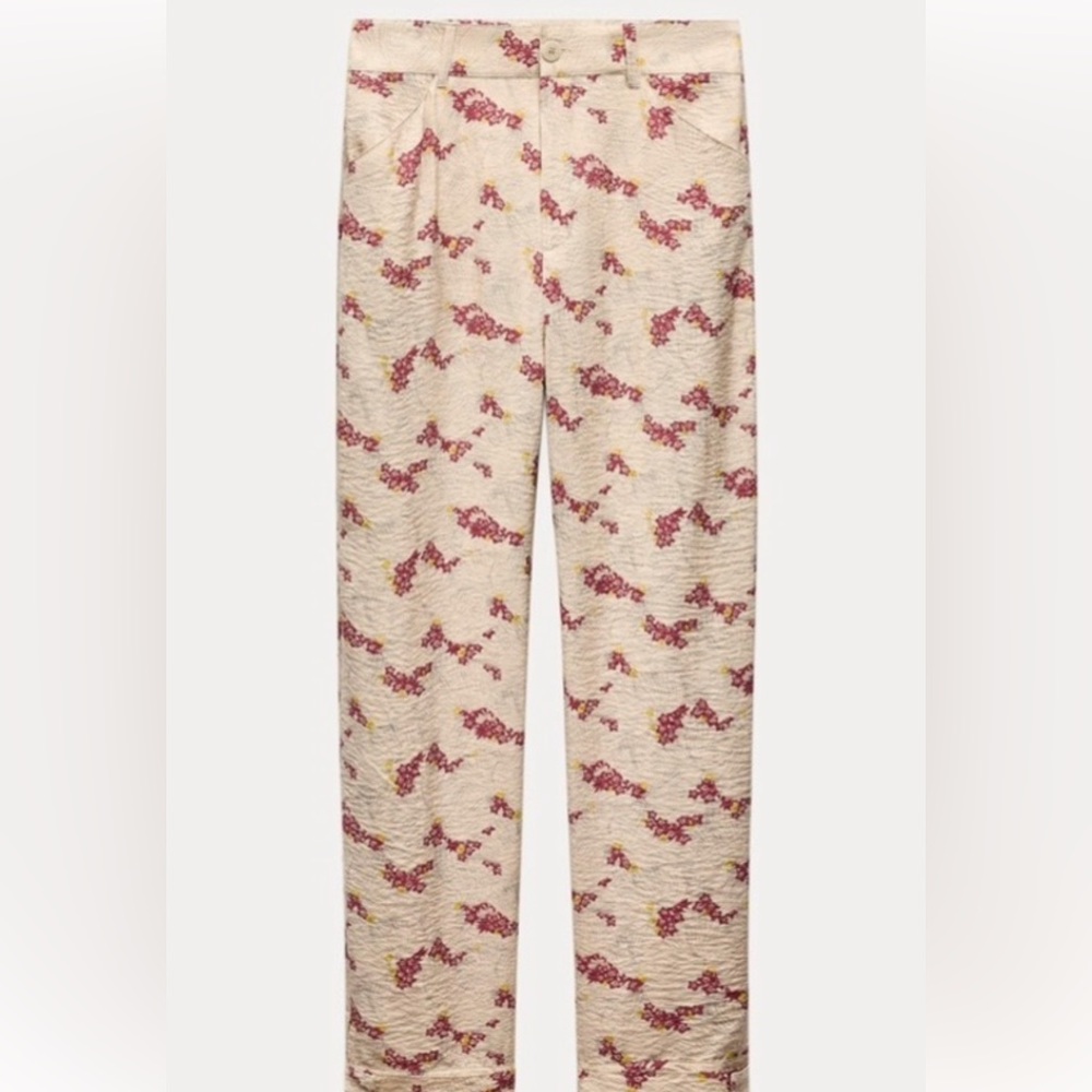 Zara Cream and Red Floral Straight Leg Pants